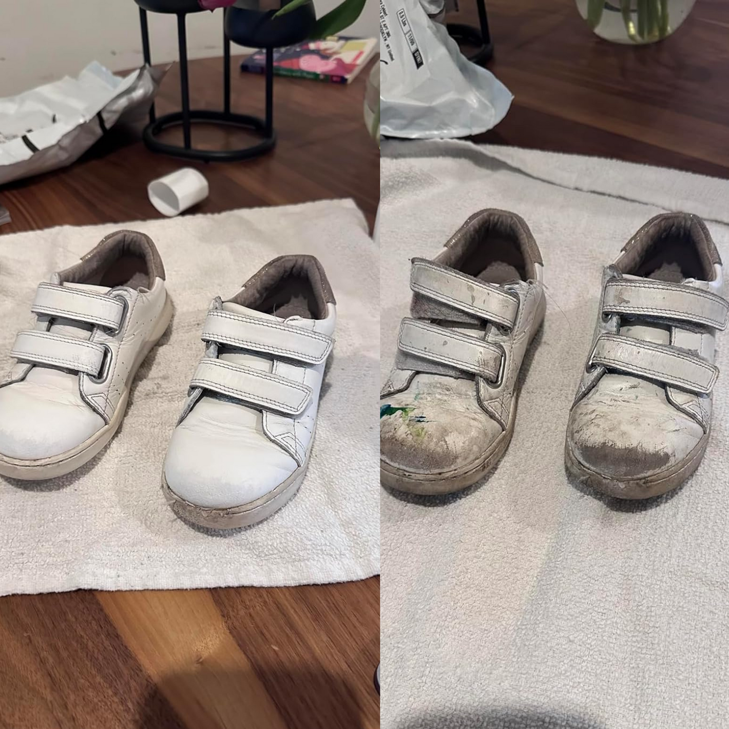 Child's white shoes before and after cleaning